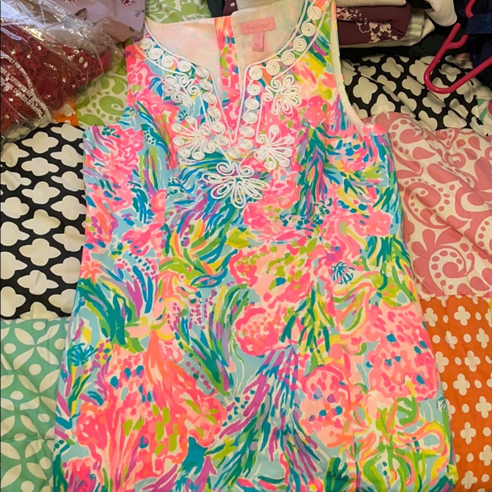Lilly Pulitzer floral dress with white neckline